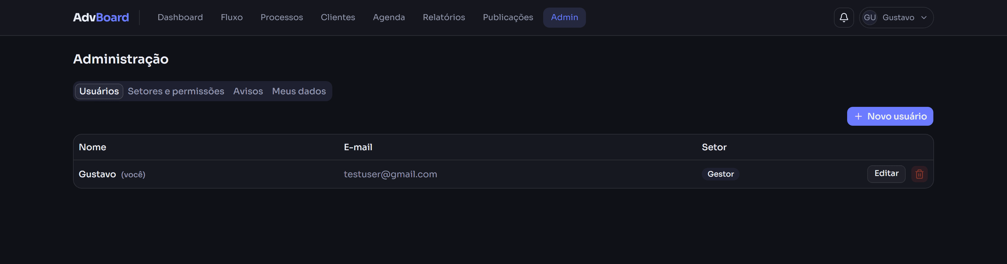 Administração — usuários e setores, base das permissões