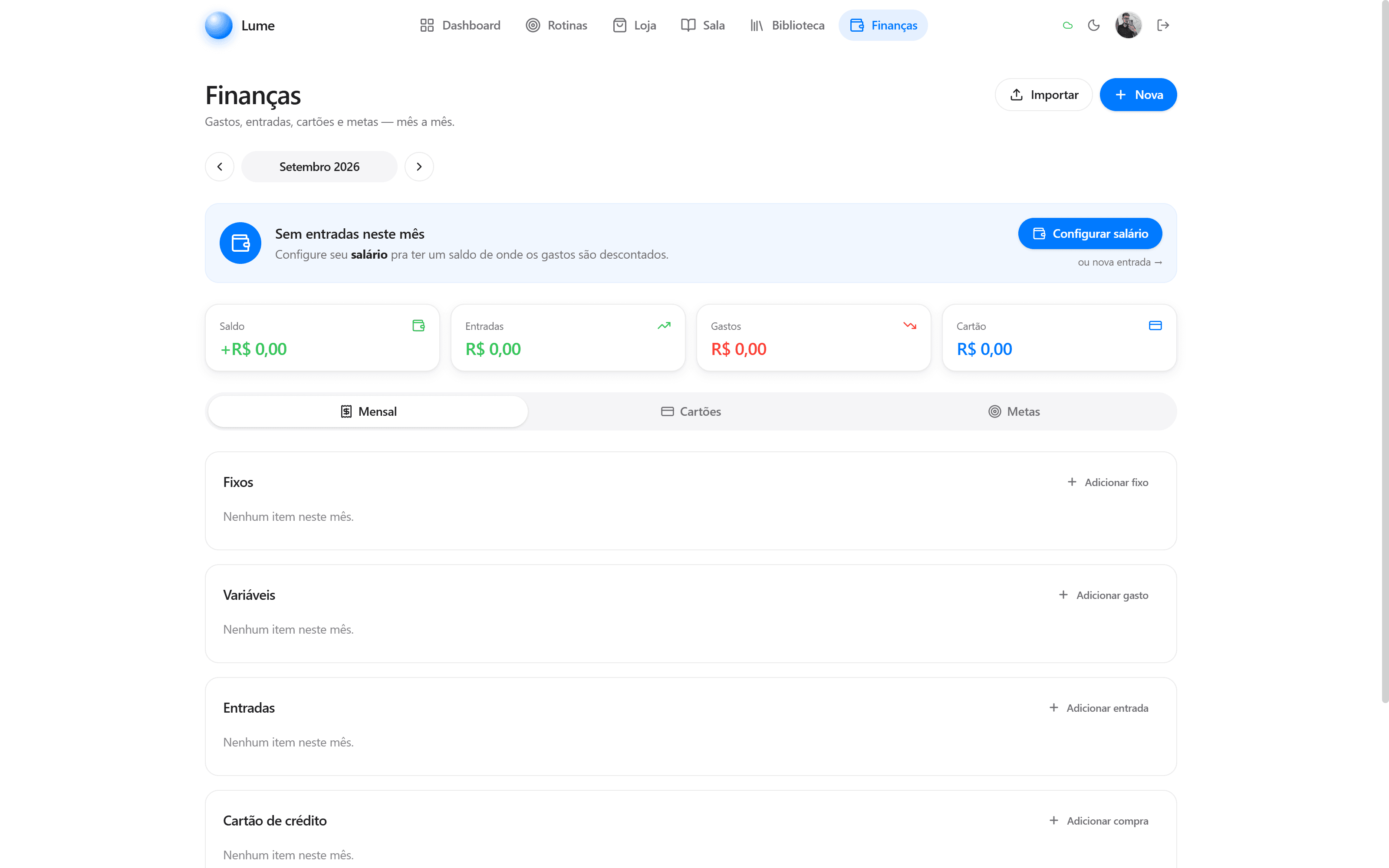 Finanças — gastos fixos, variáveis, cartões e metas